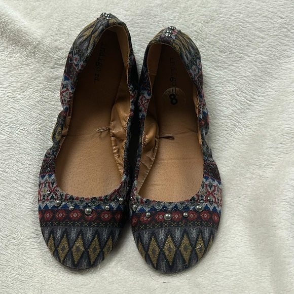 INDIGO RD. Ballet Flats, Geometric textile print with silver accent studs, 8 - Picture 1 of 5